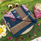 Vriksham Handwoven Pochampally Pink & Deep Teal With Diamond & Multi-Arrow Motifs Ikkat Silk-Cotton Saree-VS4737